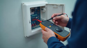 Hand hält eine Prüfspitze eines Messgeräts an die Platine einer geöffneten Alarmzentrale an der Wand