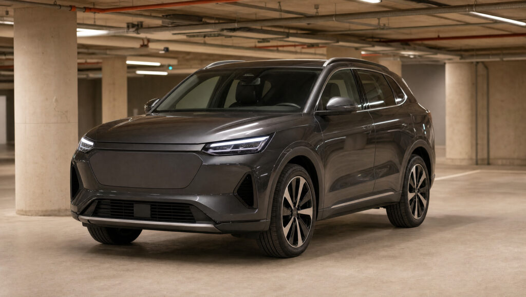 Dunkler SUV ohne Kennzeichen in einer Tiefgarage, Ansicht von schräg vorn mit glattem Kühlergrill ohne Emblem